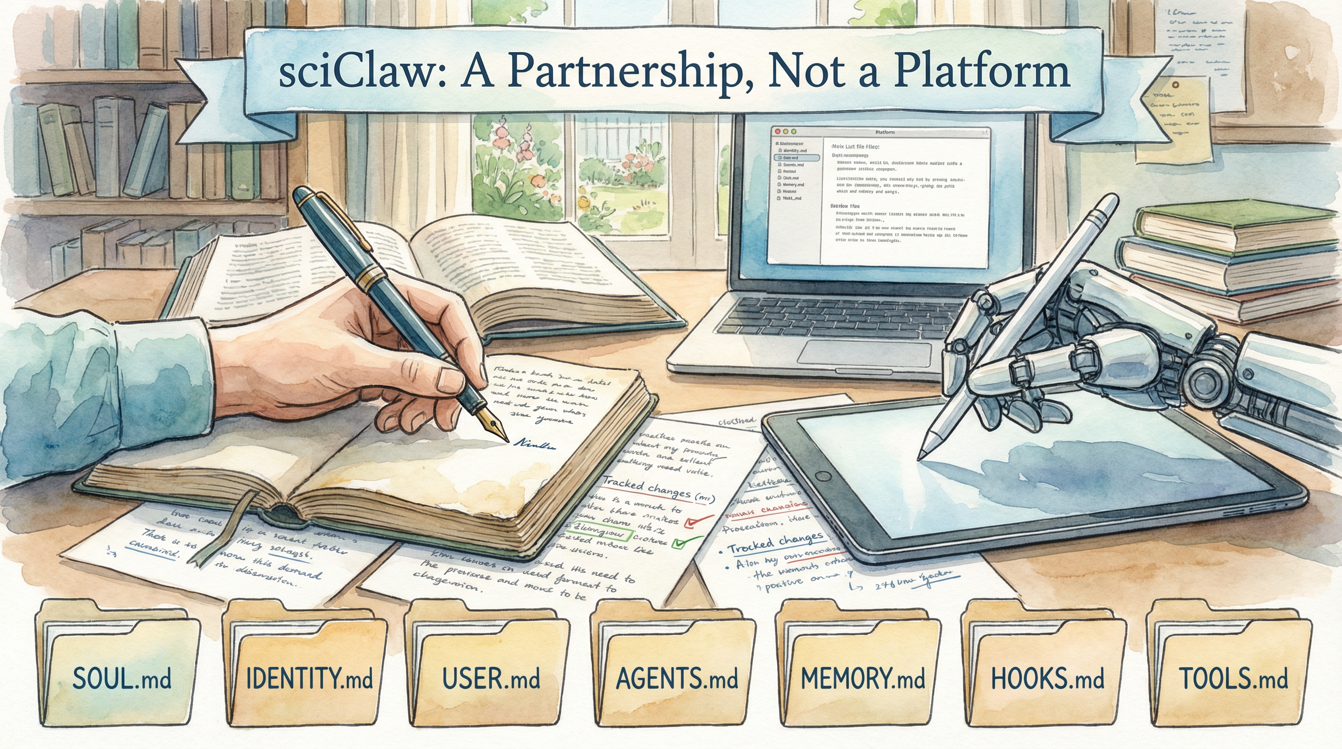 A watercolor illustration of a scientist and an AI working side by side at a desk, with seven plain-text configuration files arranged below.